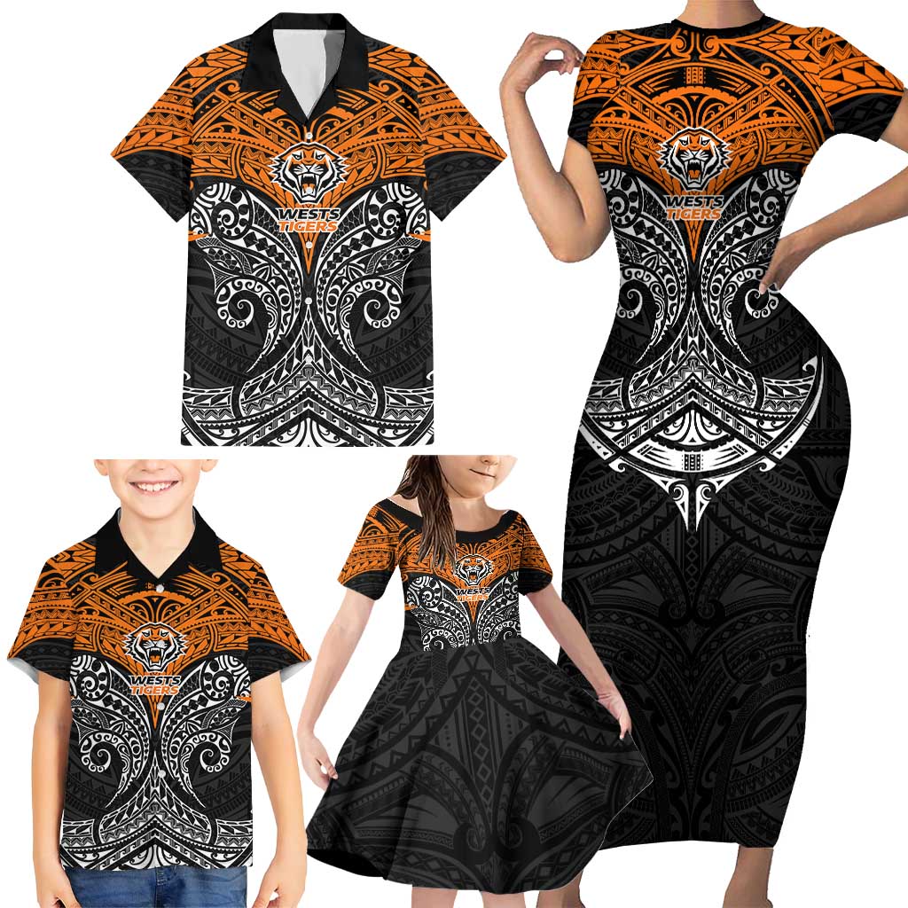 Personalized Wests Tigers Family Matching Short Sleeve Bodycon Dress and Hawaiian Shirt Polynesian Tribal Pattern Style