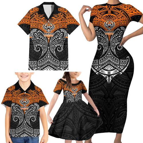 Personalized Wests Tigers Family Matching Short Sleeve Bodycon Dress and Hawaiian Shirt Polynesian Tribal Pattern Style