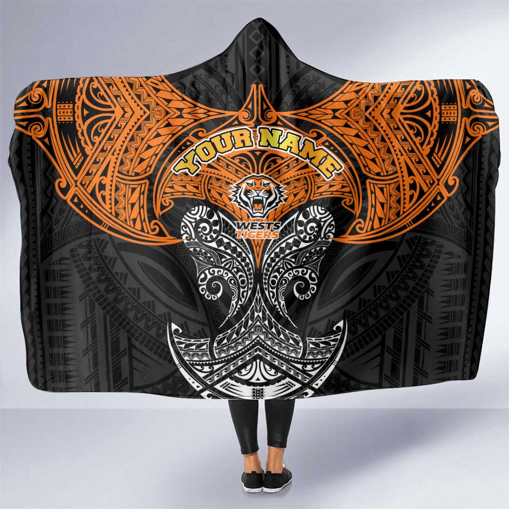 Personalized Wests Tigers Hooded Blanket Polynesian Tribal Pattern Style