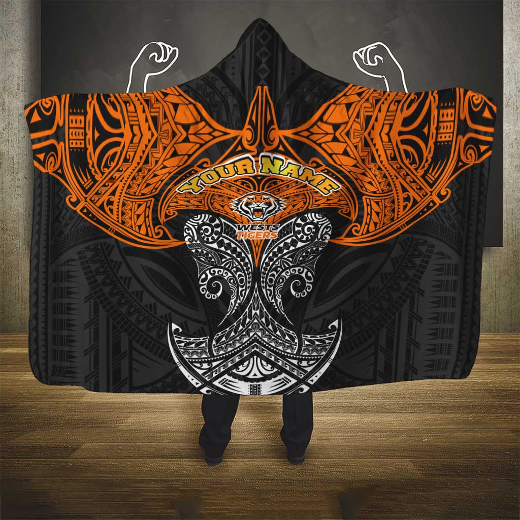 Personalized Wests Tigers Hooded Blanket Polynesian Tribal Pattern Style
