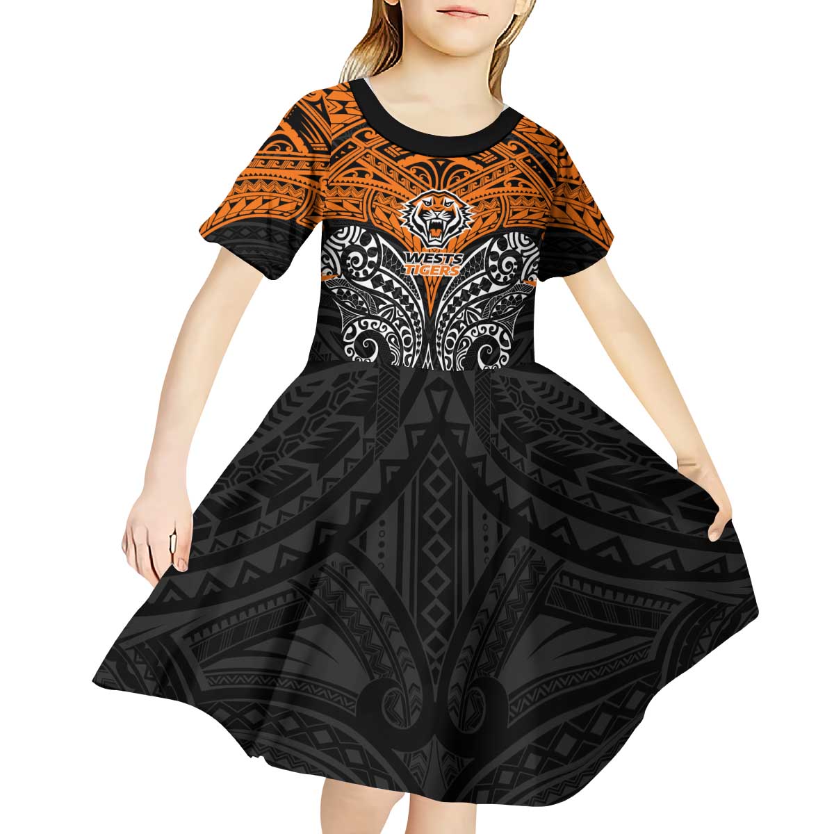 Personalized Wests Tigers Kid Short Sleeve Dress Polynesian Tribal Pattern Style