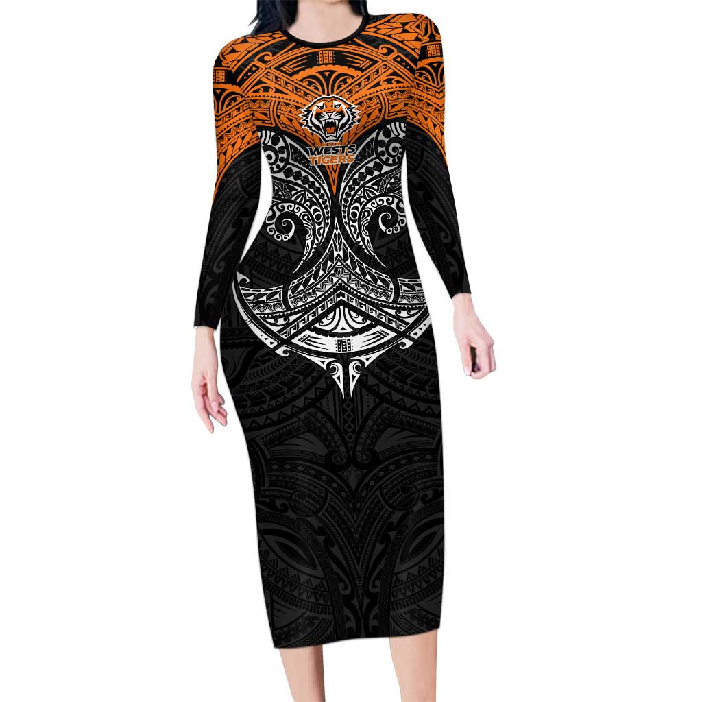 Personalized Wests Tigers Long Sleeve Bodycon Dress Polynesian Tribal Pattern Style