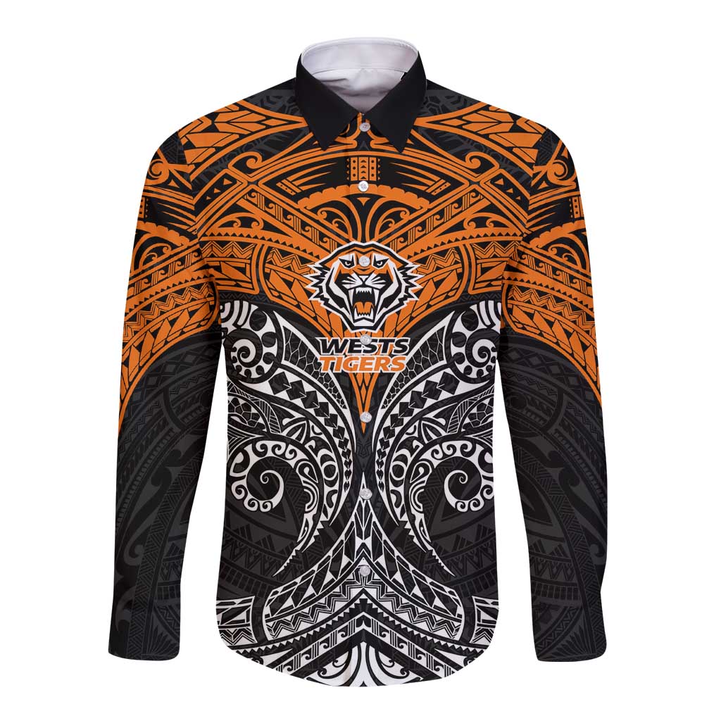 Personalized Wests Tigers Long Sleeve Button Shirt Polynesian Tribal Pattern Style