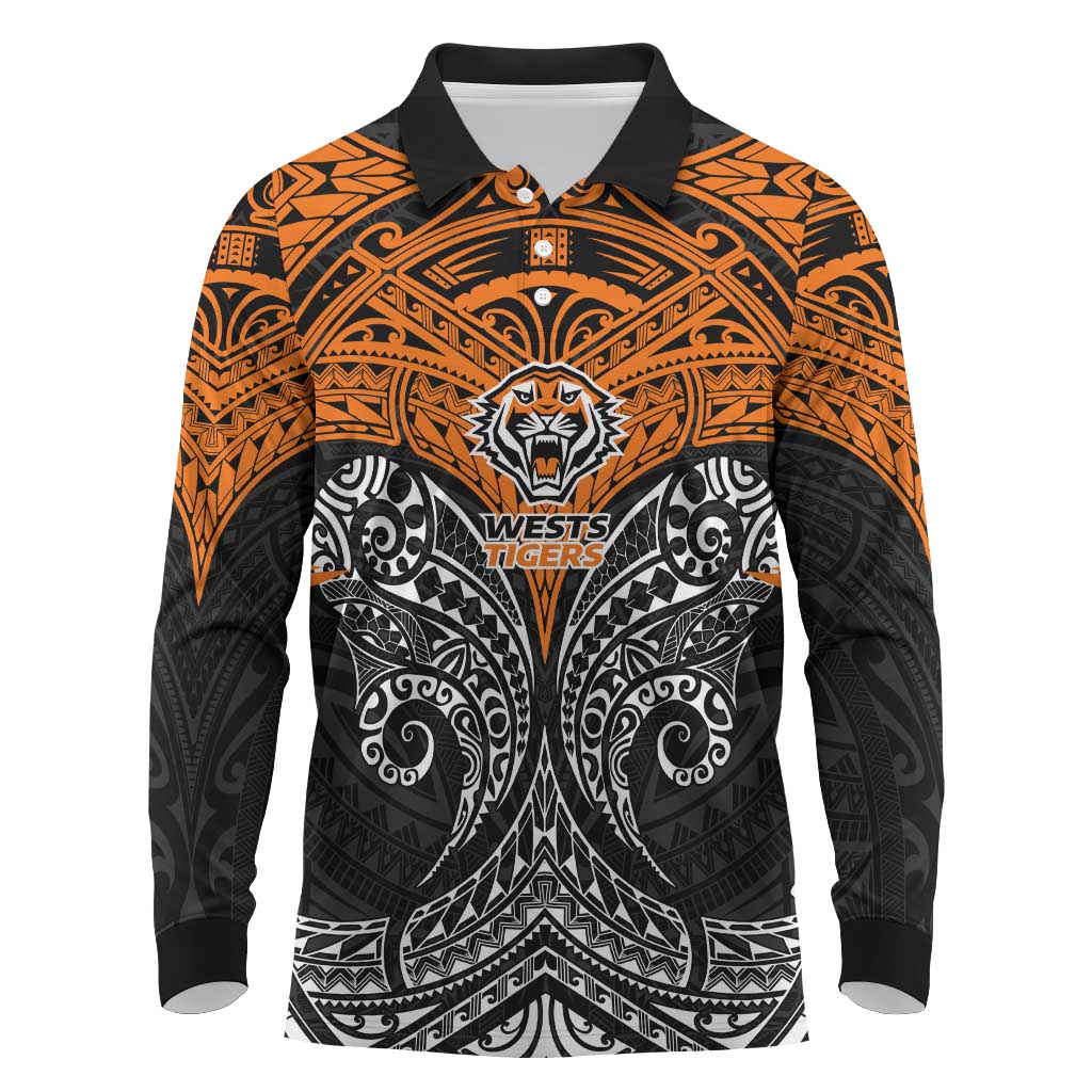 Personalized Wests Tigers Long Sleeve Polo Shirt Polynesian Tribal Pattern Style