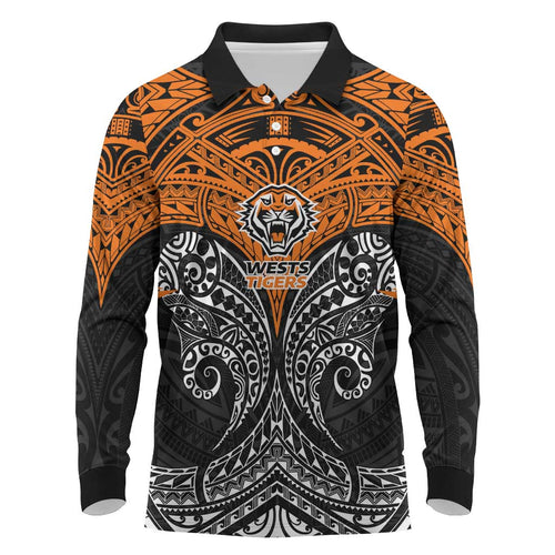 Personalized Wests Tigers Long Sleeve Polo Shirt Polynesian Tribal Pattern Style