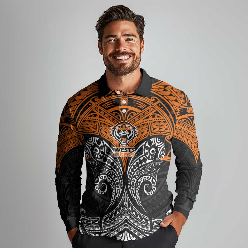 Personalized Wests Tigers Long Sleeve Polo Shirt Polynesian Tribal Pattern Style