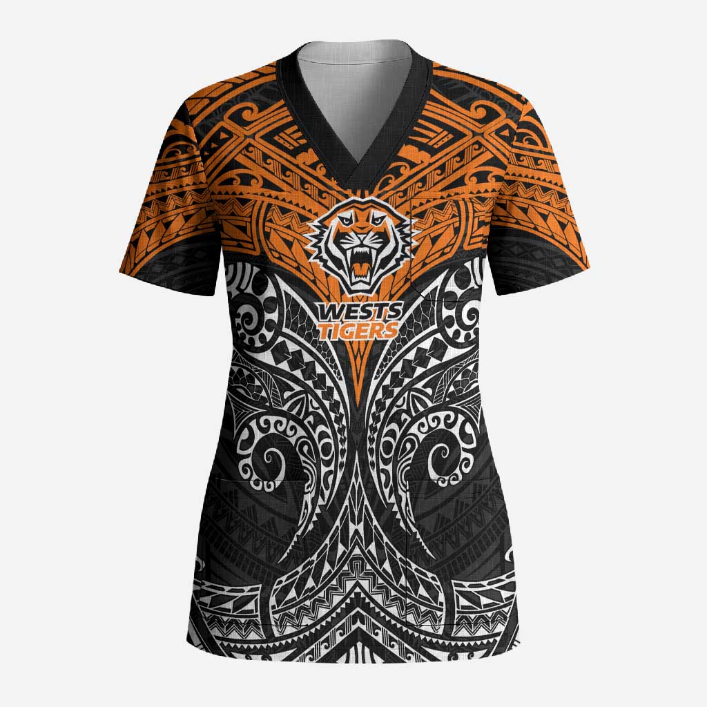 Personalized Wests Tigers Scrub Top Polynesian Tribal Pattern Style