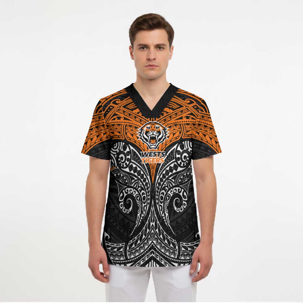 Personalized Wests Tigers Scrub Top Polynesian Tribal Pattern Style