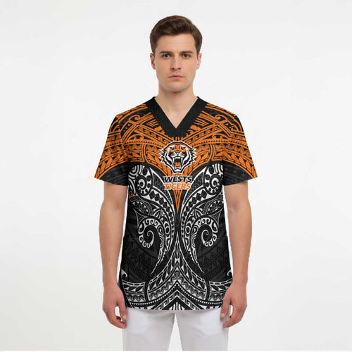 Personalized Wests Tigers Scrub Top Polynesian Tribal Pattern Style