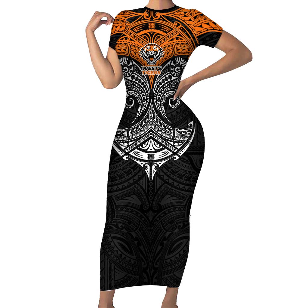 Personalized Wests Tigers Short Sleeve Bodycon Dress Polynesian Tribal Pattern Style