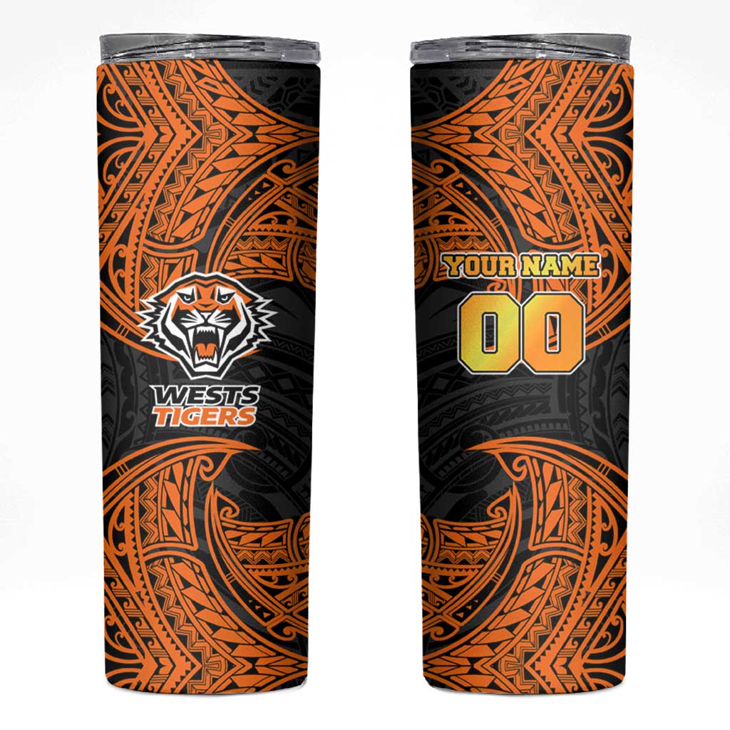 Personalized Wests Tigers Skinny Tumbler Polynesian Tribal Pattern Style