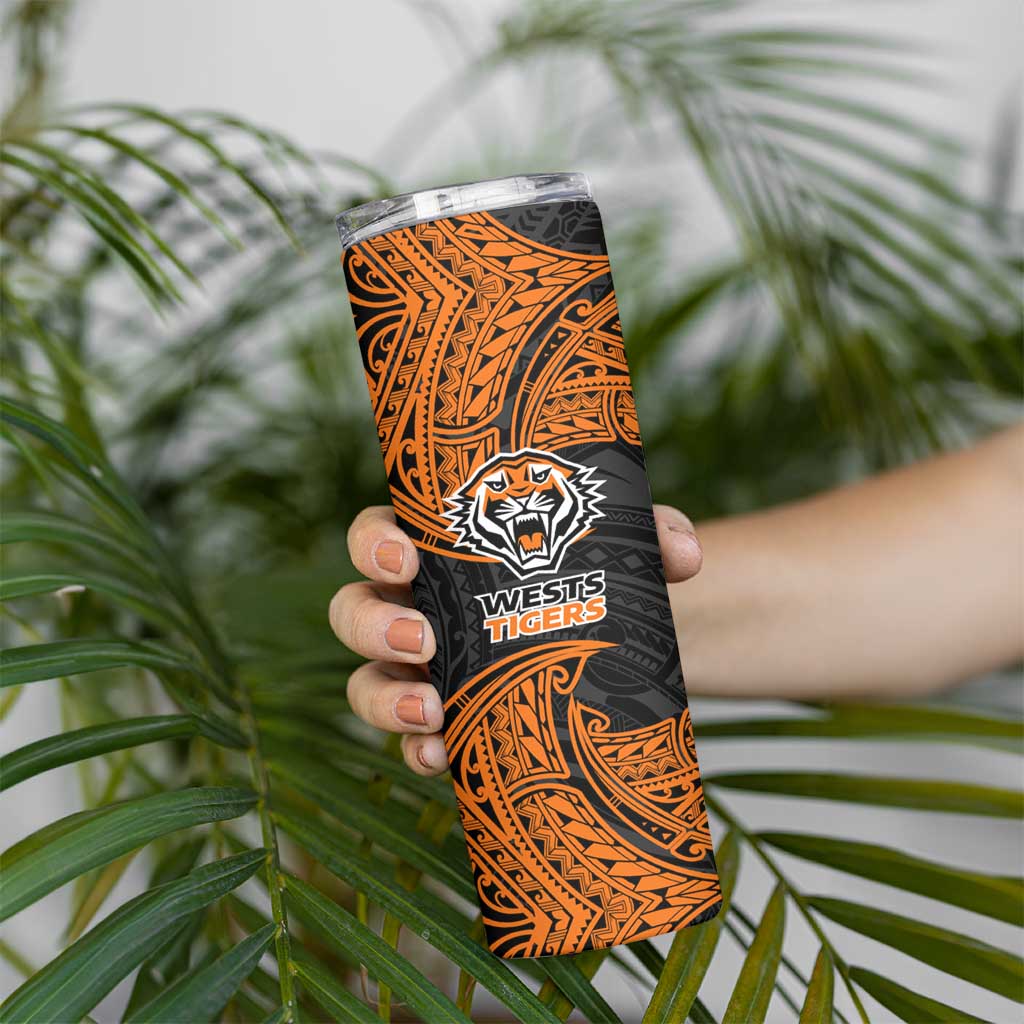 Personalized Wests Tigers Skinny Tumbler Polynesian Tribal Pattern Style