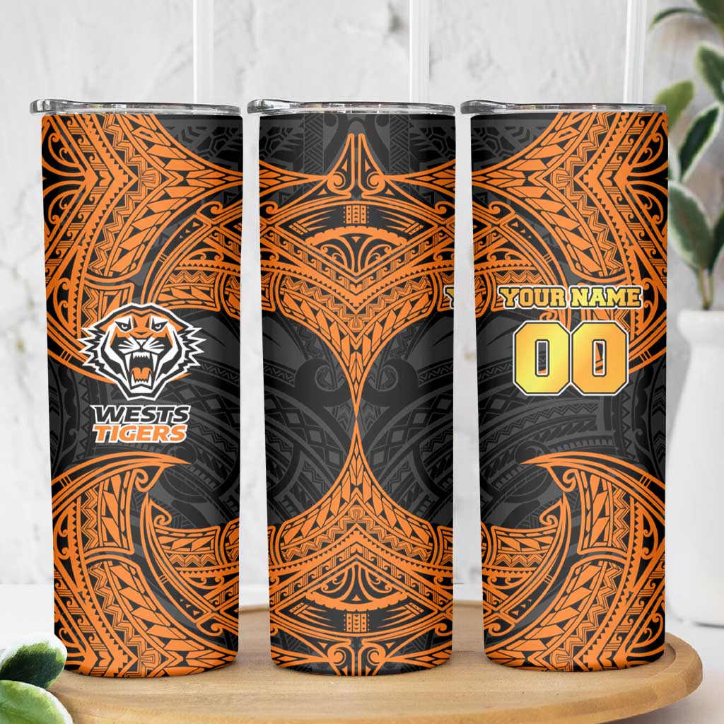 Personalized Wests Tigers Skinny Tumbler Polynesian Tribal Pattern Style