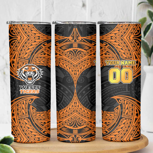 Personalized Wests Tigers Skinny Tumbler Polynesian Tribal Pattern Style