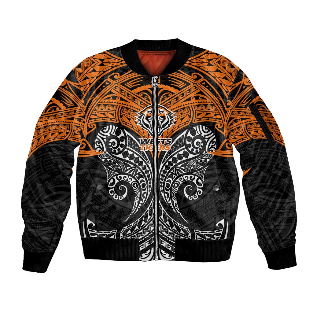 Personalized Wests Tigers Sleeve Zip Bomber Jacket Polynesian Tribal Pattern Style