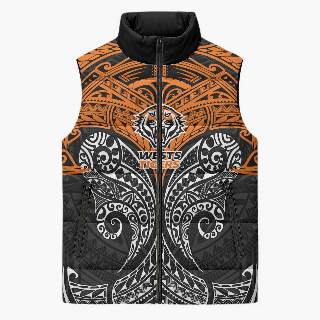 Personalized Wests Tigers Sleeveless Puffer Jacket Polynesian Tribal Pattern Style