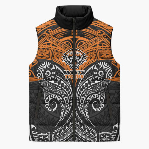 Personalized Wests Tigers Sleeveless Puffer Jacket Polynesian Tribal Pattern Style