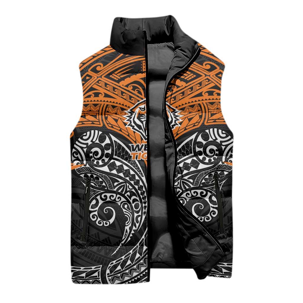 Personalized Wests Tigers Sleeveless Puffer Jacket Polynesian Tribal Pattern Style