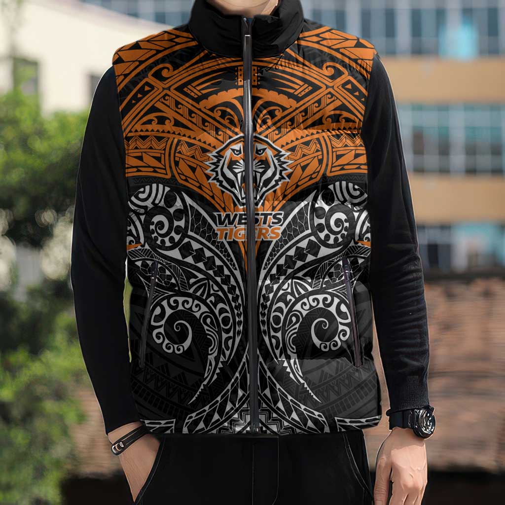 Personalized Wests Tigers Sleeveless Puffer Jacket Polynesian Tribal Pattern Style