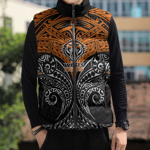 Personalized Wests Tigers Sleeveless Puffer Jacket Polynesian Tribal Pattern Style