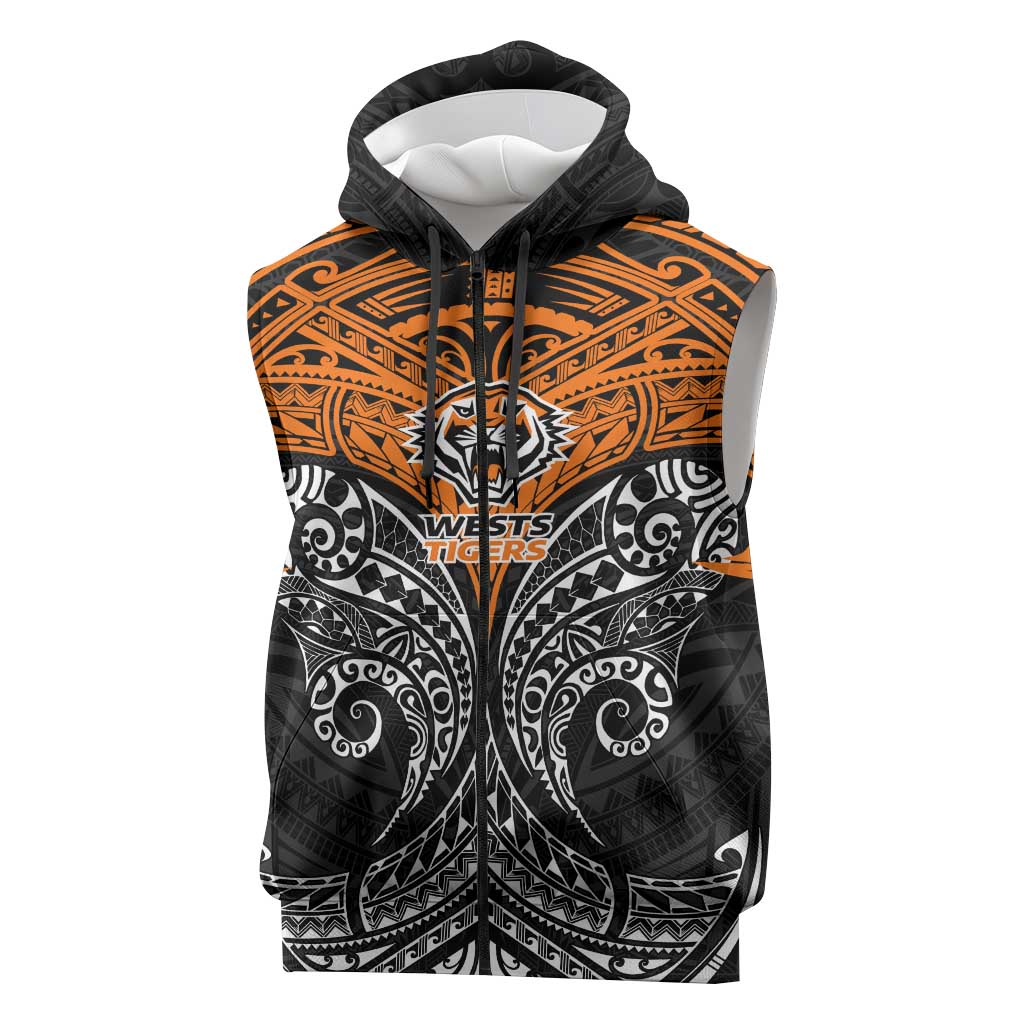 Personalized Wests Tigers Sleeveless Zip Hoodie Polynesian Tribal Pattern Style