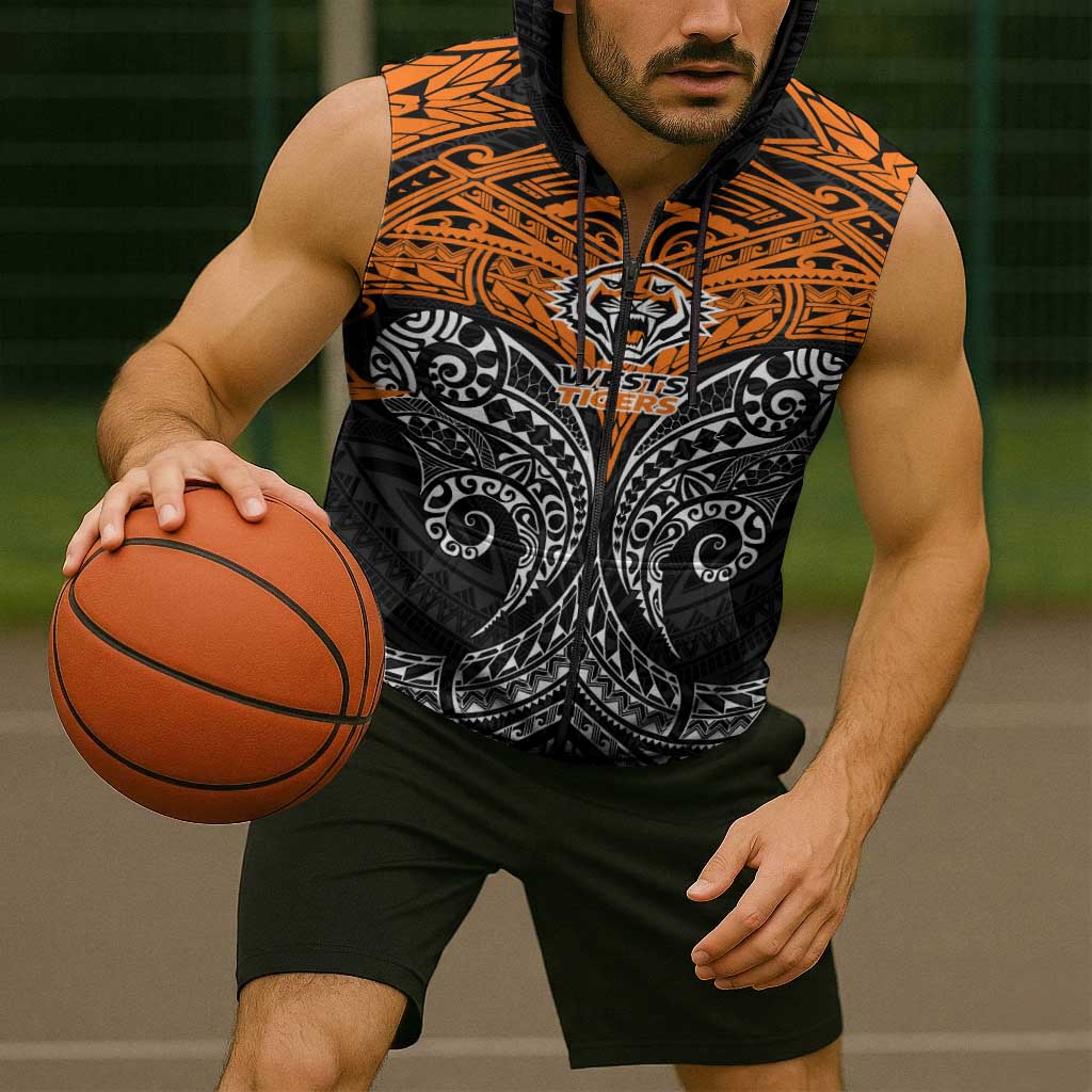 Personalized Wests Tigers Sleeveless Zip Hoodie Polynesian Tribal Pattern Style
