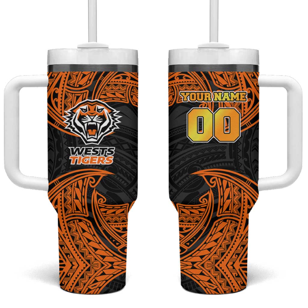 Personalized Wests Tigers Tumbler With Handle Polynesian Tribal Pattern Style