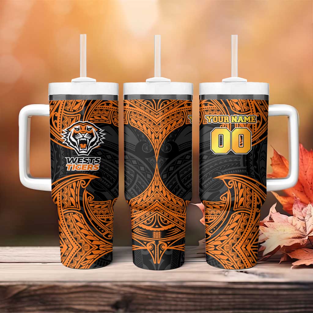 Personalized Wests Tigers Tumbler With Handle Polynesian Tribal Pattern Style