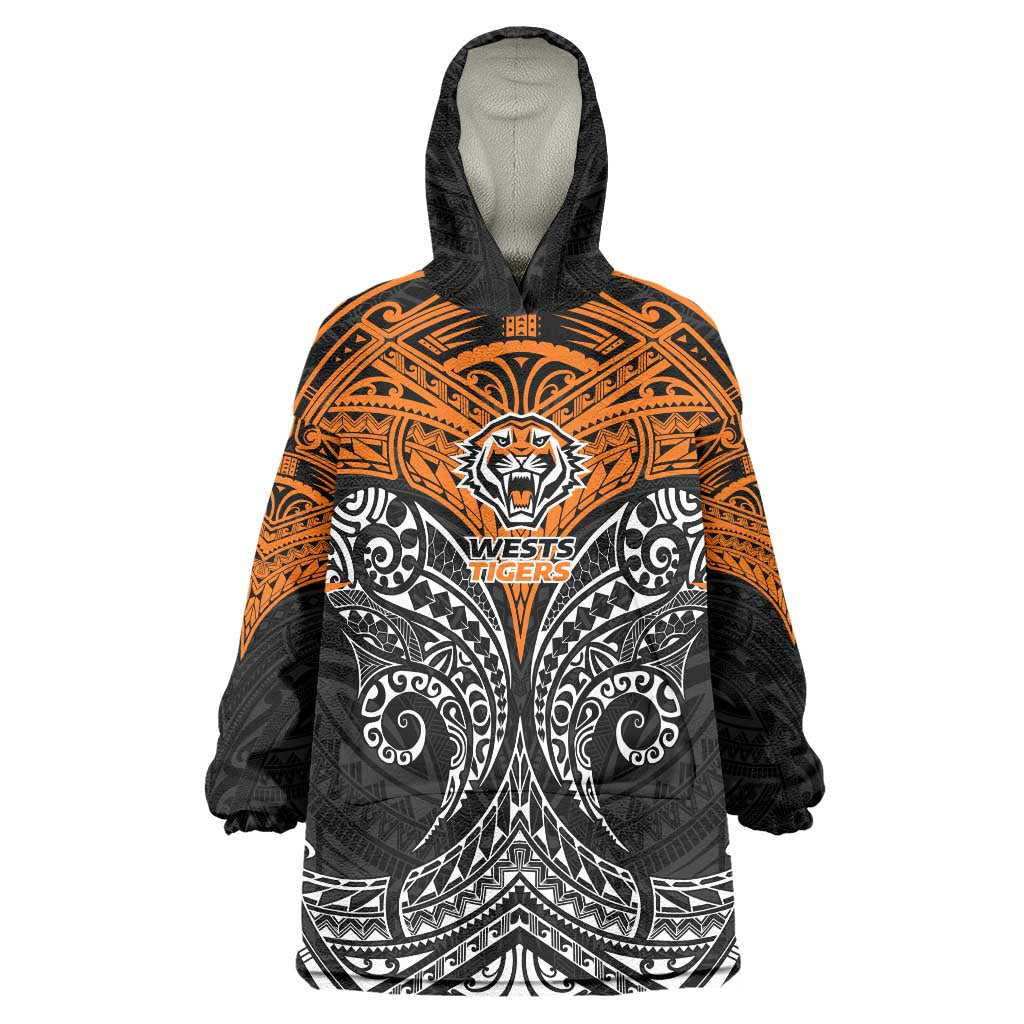 Personalized Wests Tigers Wearable Blanket Hoodie Polynesian Tribal Pattern Style