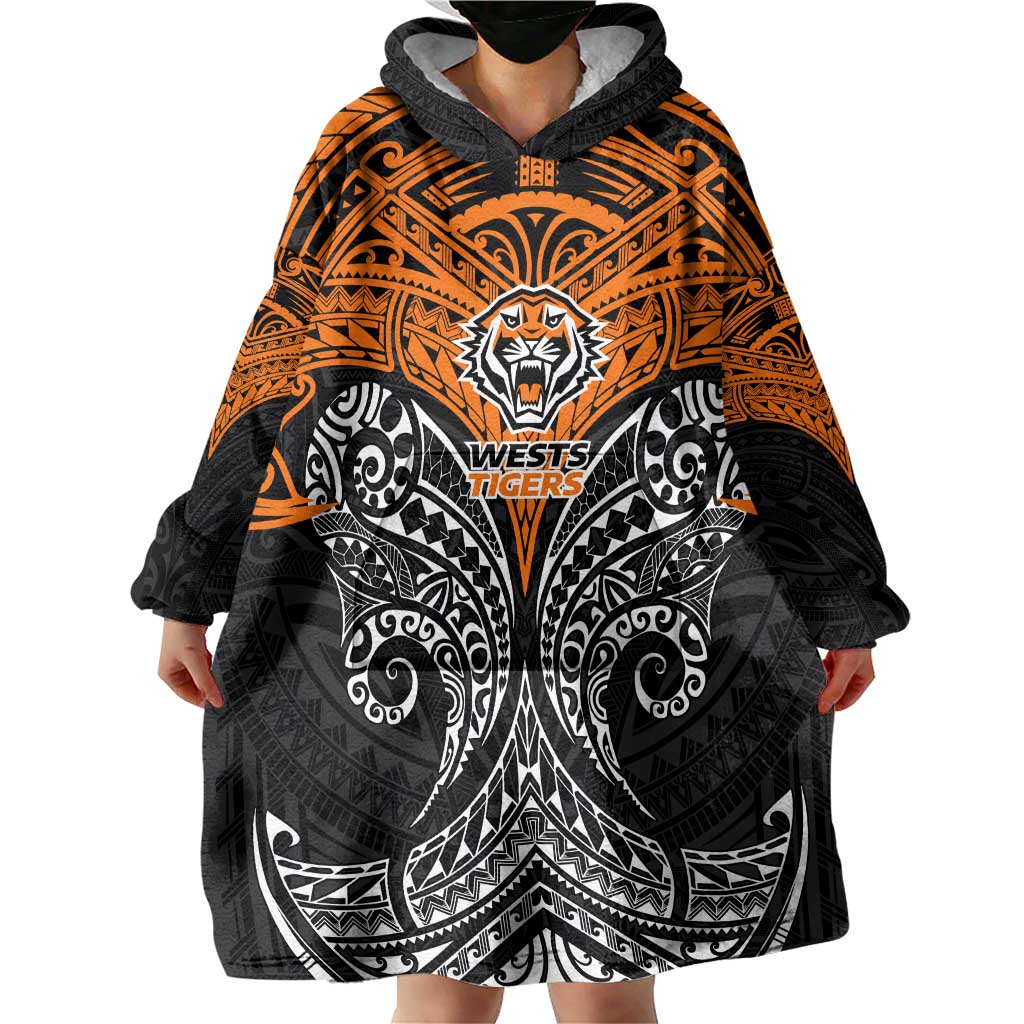 Personalized Wests Tigers Wearable Blanket Hoodie Polynesian Tribal Pattern Style