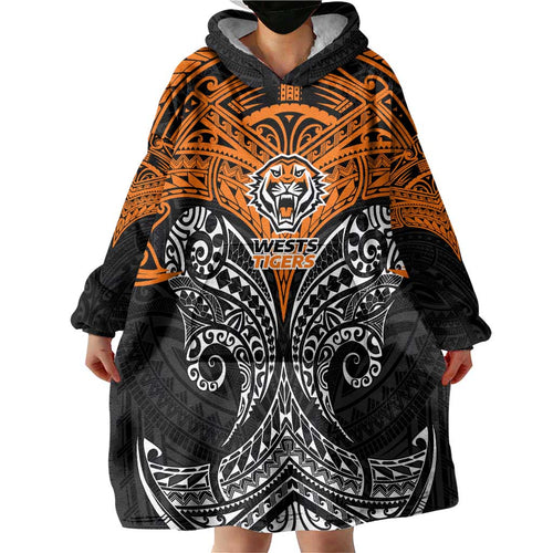 Personalized Wests Tigers Wearable Blanket Hoodie Polynesian Tribal Pattern Style