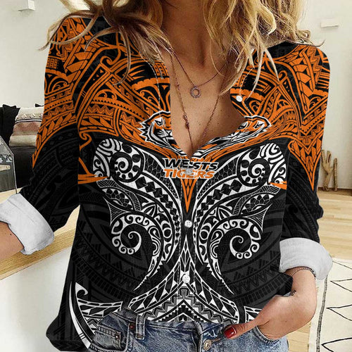 Personalized Wests Tigers Women Casual Shirt Polynesian Tribal Pattern Style