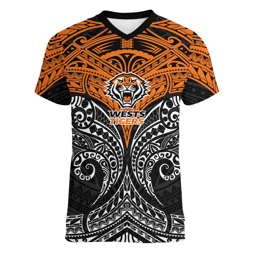 Personalized Wests Tigers Women V-Neck T-Shirt Polynesian Tribal Pattern Style