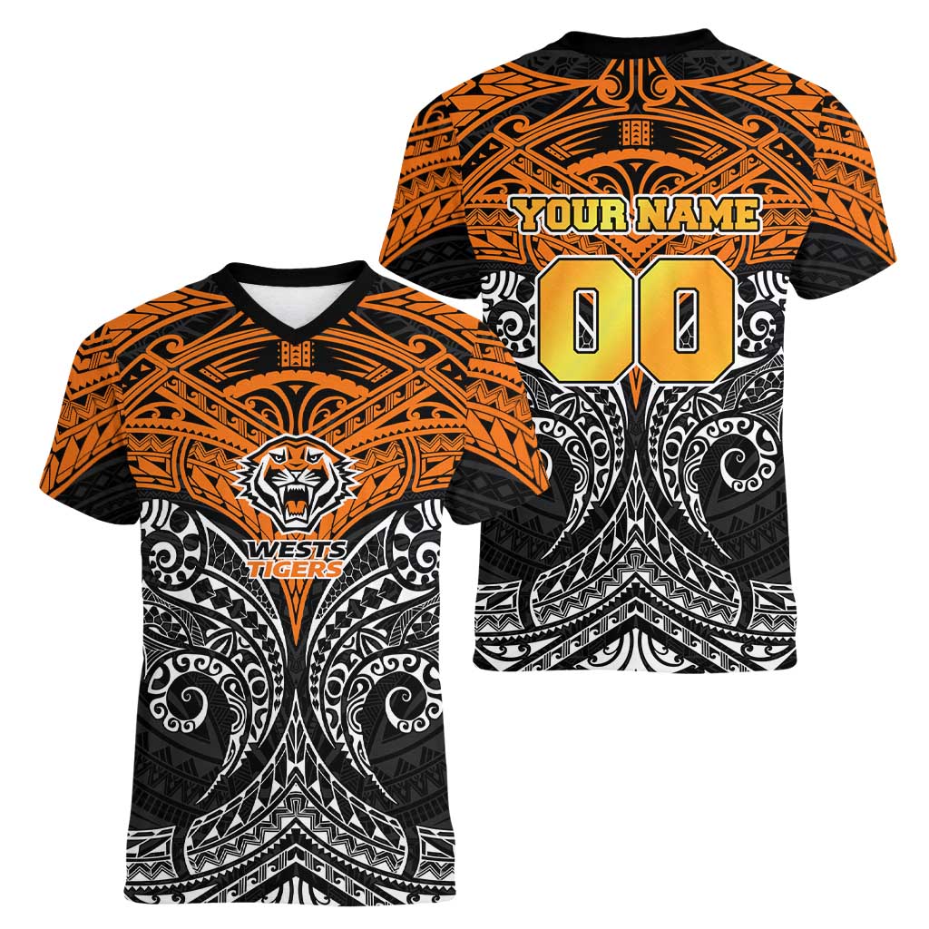 Personalized Wests Tigers Women V-Neck T-Shirt Polynesian Tribal Pattern Style