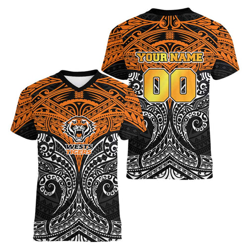 Personalized Wests Tigers Women V-Neck T-Shirt Polynesian Tribal Pattern Style