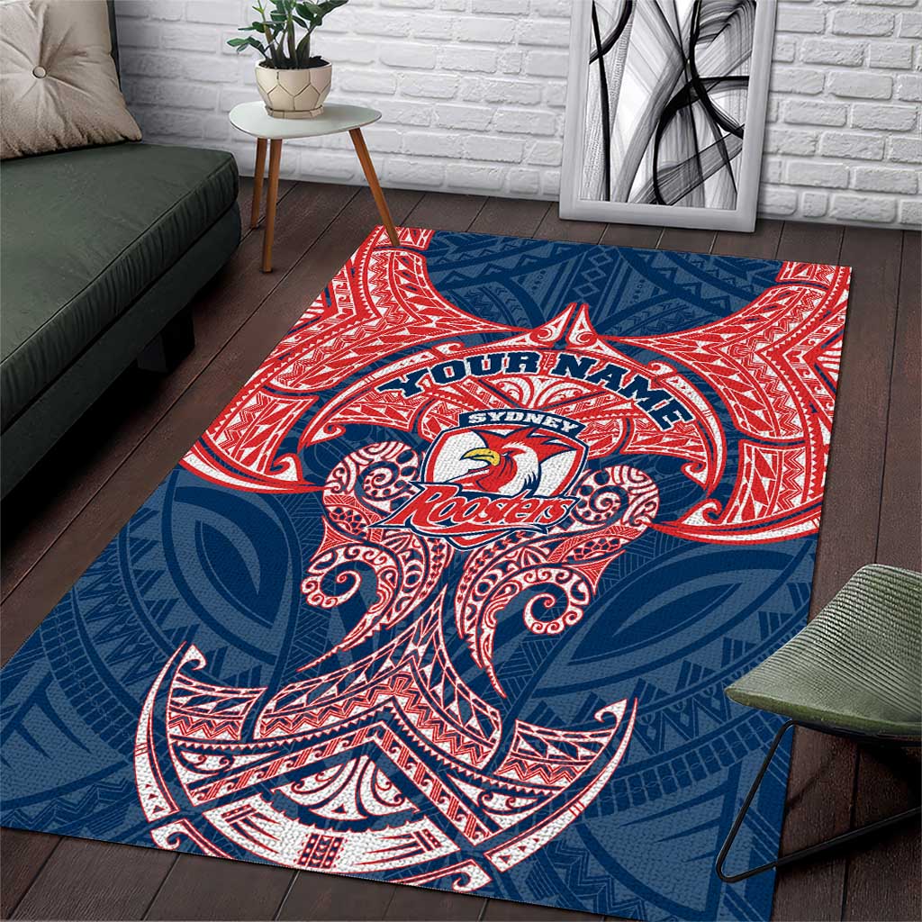 Personalized Sydney Roosters Area Rug Polynesian Tribal Pattern Style