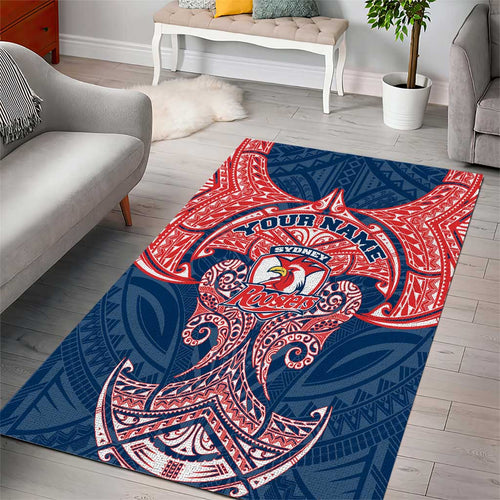 Personalized Sydney Roosters Area Rug Polynesian Tribal Pattern Style