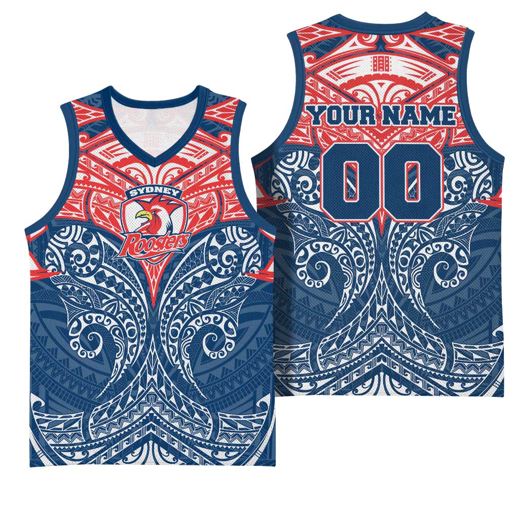 Personalized Sydney Roosters Basketball Jersey Polynesian Tribal Pattern Style