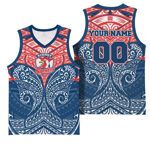 Personalized Sydney Roosters Basketball Jersey Polynesian Tribal Pattern Style