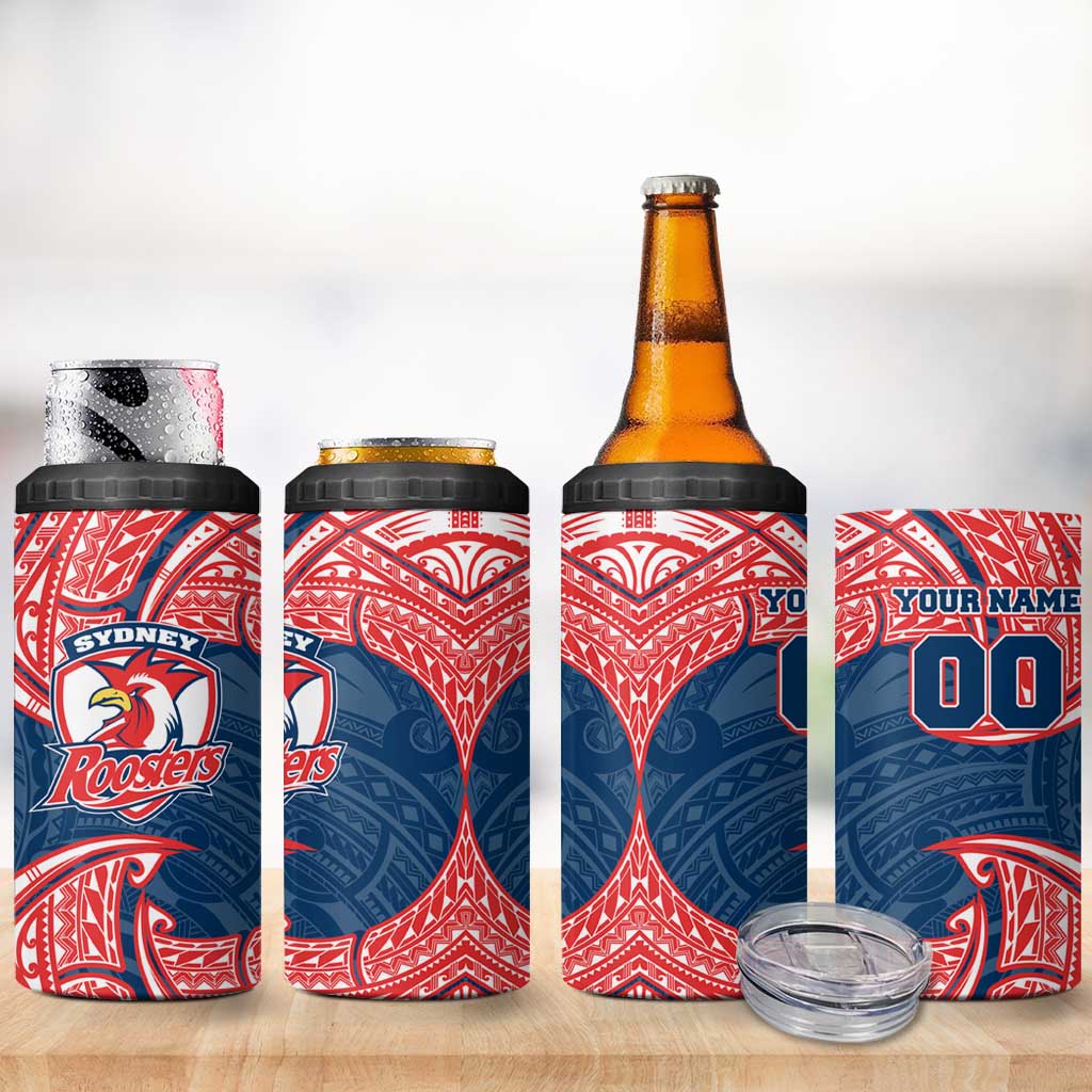Personalized Sydney Roosters 4 in 1 Can Cooler Tumbler Polynesian Tribal Pattern Style