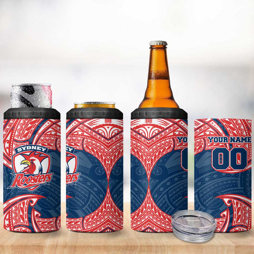 Personalized Sydney Roosters 4 in 1 Can Cooler Tumbler Polynesian Tribal Pattern Style