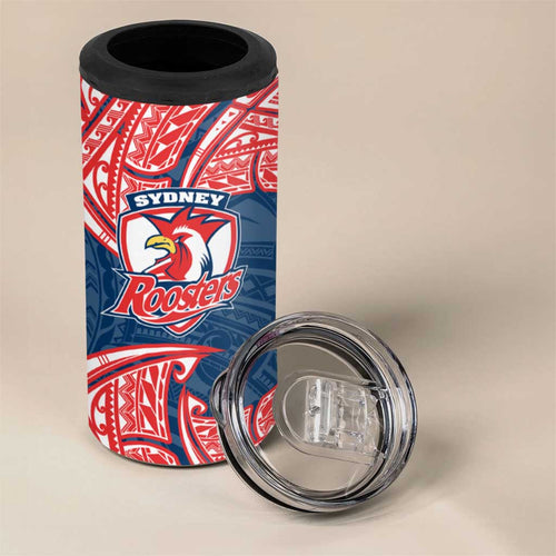 Personalized Sydney Roosters 4 in 1 Can Cooler Tumbler Polynesian Tribal Pattern Style