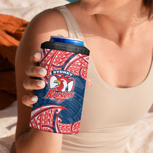 Personalized Sydney Roosters 4 in 1 Can Cooler Tumbler Polynesian Tribal Pattern Style