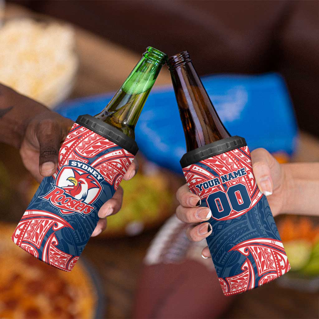 Personalized Sydney Roosters 4 in 1 Can Cooler Tumbler Polynesian Tribal Pattern Style
