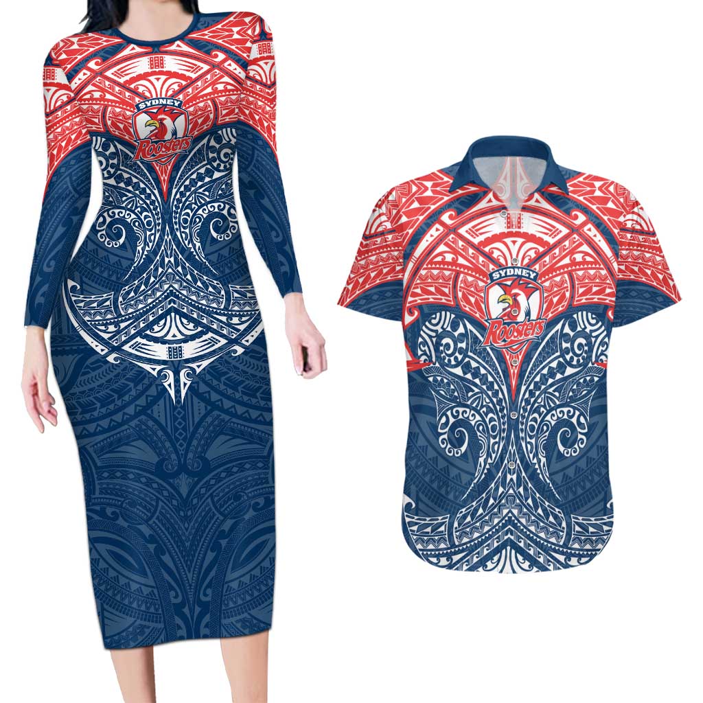 Personalized Sydney Roosters Couples Matching Long Sleeve Bodycon Dress and Hawaiian Shirt Polynesian Tribal Pattern Style