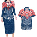 Personalized Sydney Roosters Couples Matching Long Sleeve Bodycon Dress and Hawaiian Shirt Polynesian Tribal Pattern Style