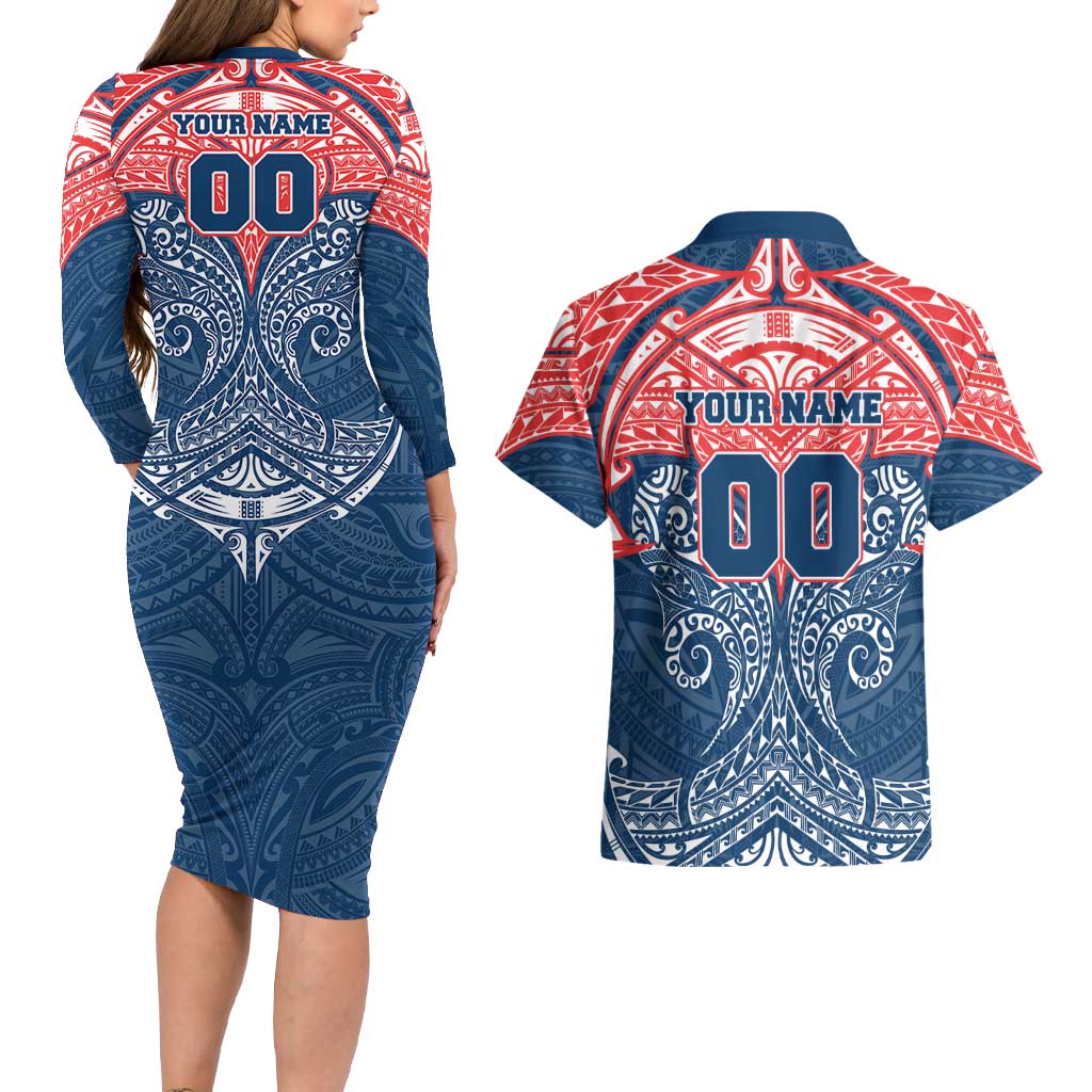 Personalized Sydney Roosters Couples Matching Long Sleeve Bodycon Dress and Hawaiian Shirt Polynesian Tribal Pattern Style