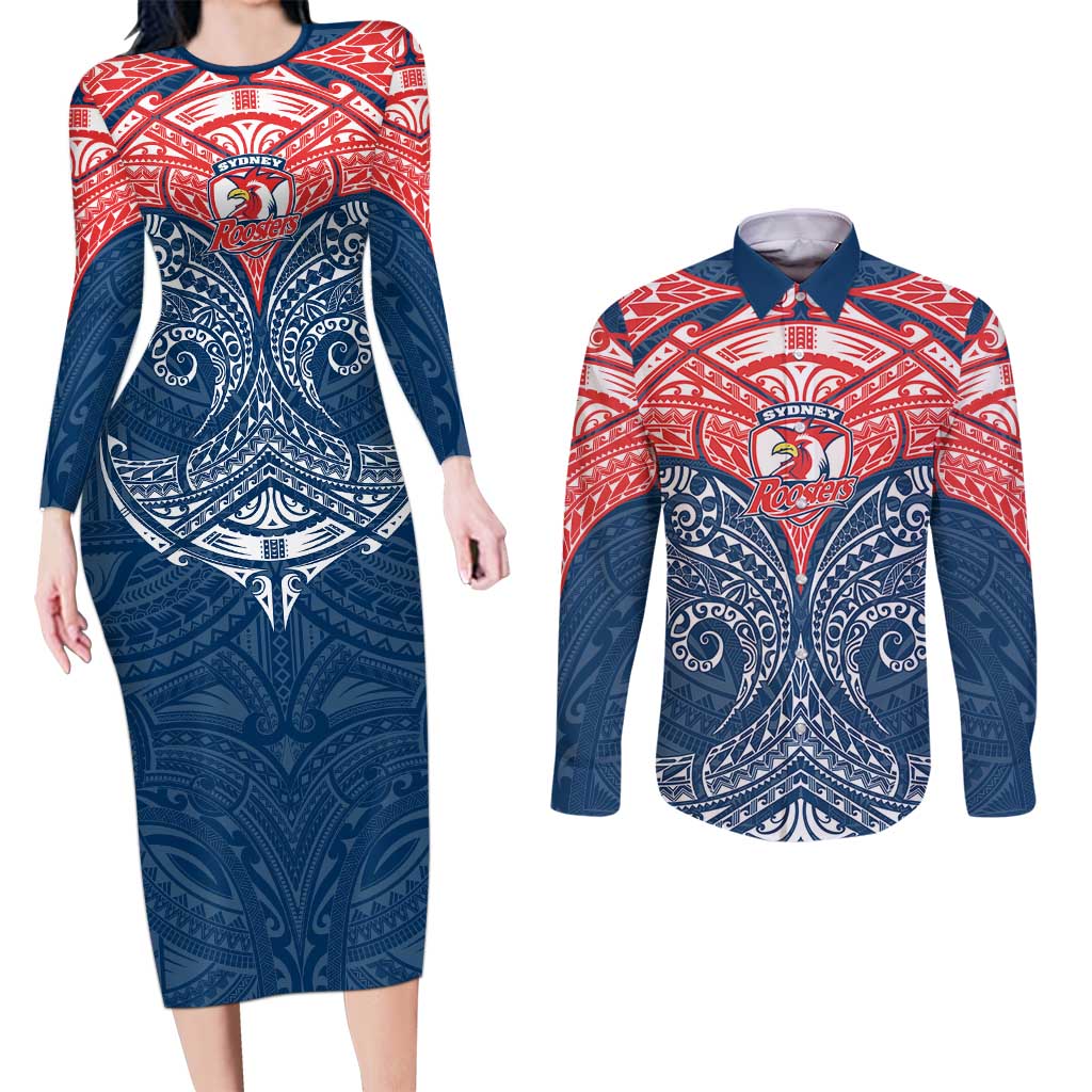 Personalized Sydney Roosters Couples Matching Long Sleeve Bodycon Dress and Long Sleeve Button Shirt Polynesian Tribal Pattern Style