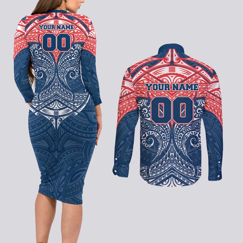 Personalized Sydney Roosters Couples Matching Long Sleeve Bodycon Dress and Long Sleeve Button Shirt Polynesian Tribal Pattern Style