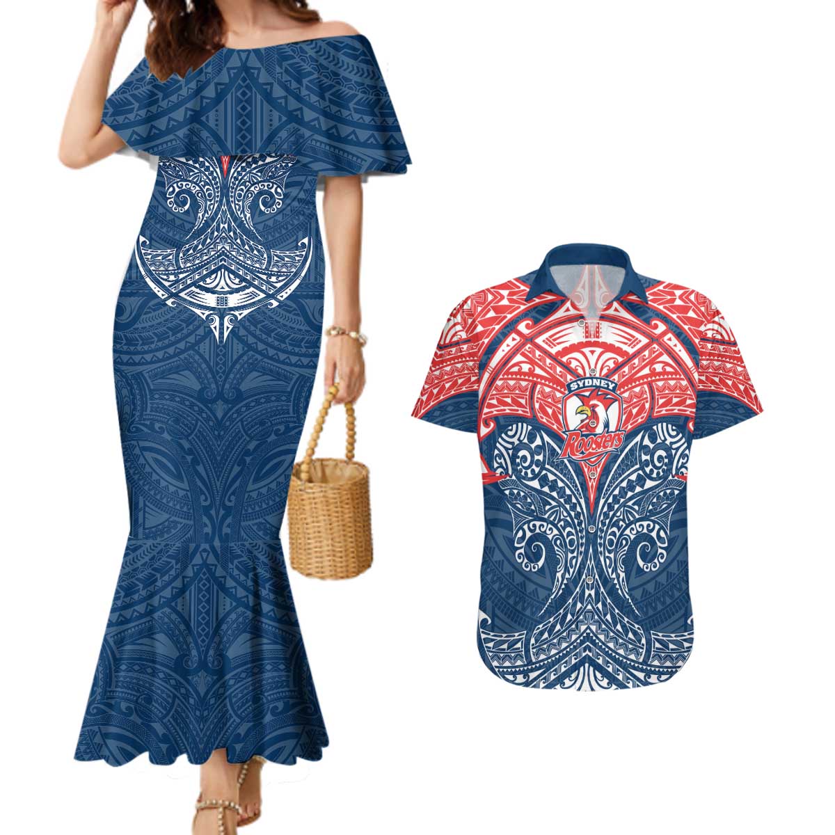 Personalized Sydney Roosters Couples Matching Mermaid Dress and Hawaiian Shirt Polynesian Tribal Pattern Style